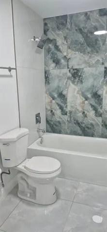 a white toilet sitting next to a bath tub