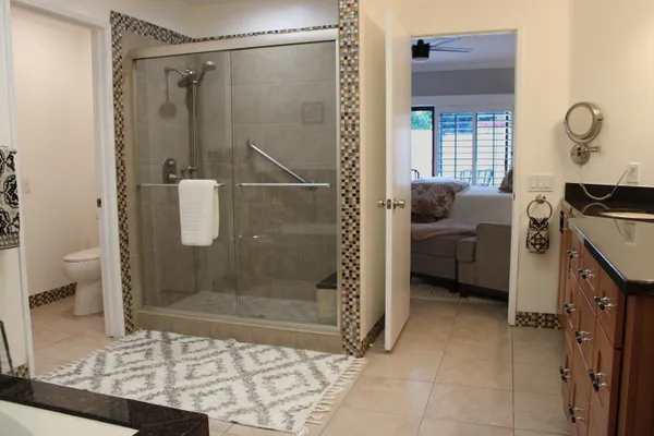 a bathroom with a shower and a toilet