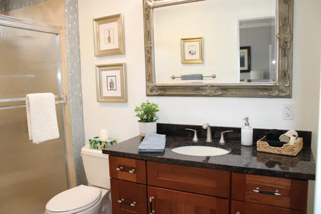 a bathroom with a granite countertop toilet sink and mirror