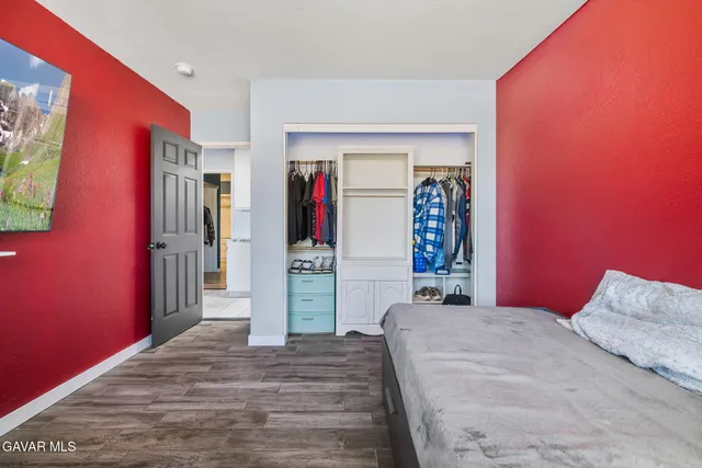 a bed room with a bed and a closet