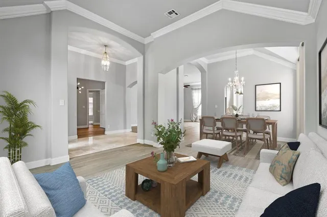 a living room with furniture potted plant and a mirror