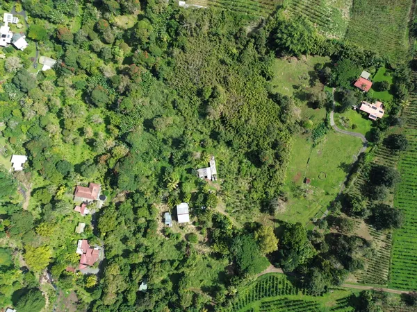 an aerial view of house with yard and mountain view in back