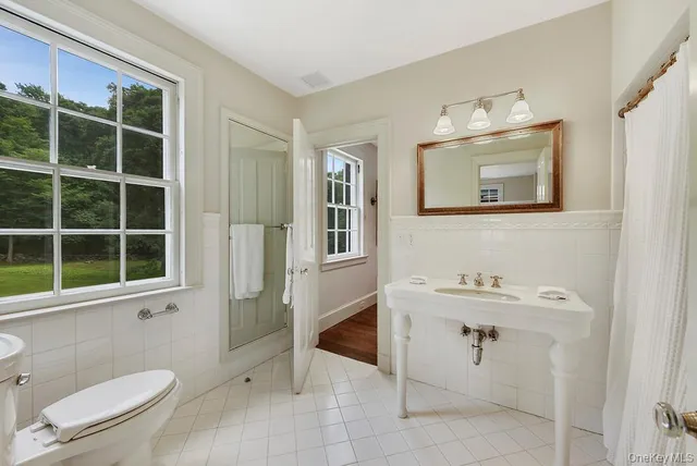 a bathroom with a toilet a sink and mirror