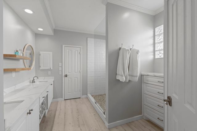 a bathroom with a double vanity sink a mirror a shower and vanity