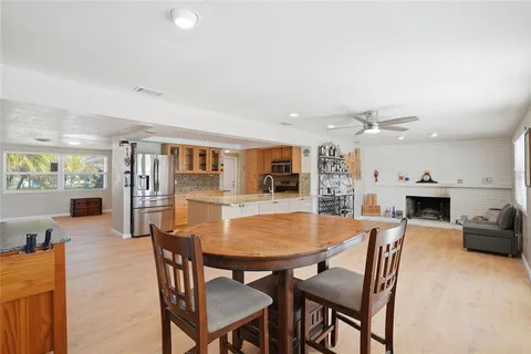 a view of a dining room with furniture