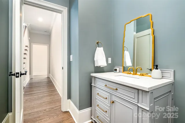 a bathroom with a sink vanity and a mirror