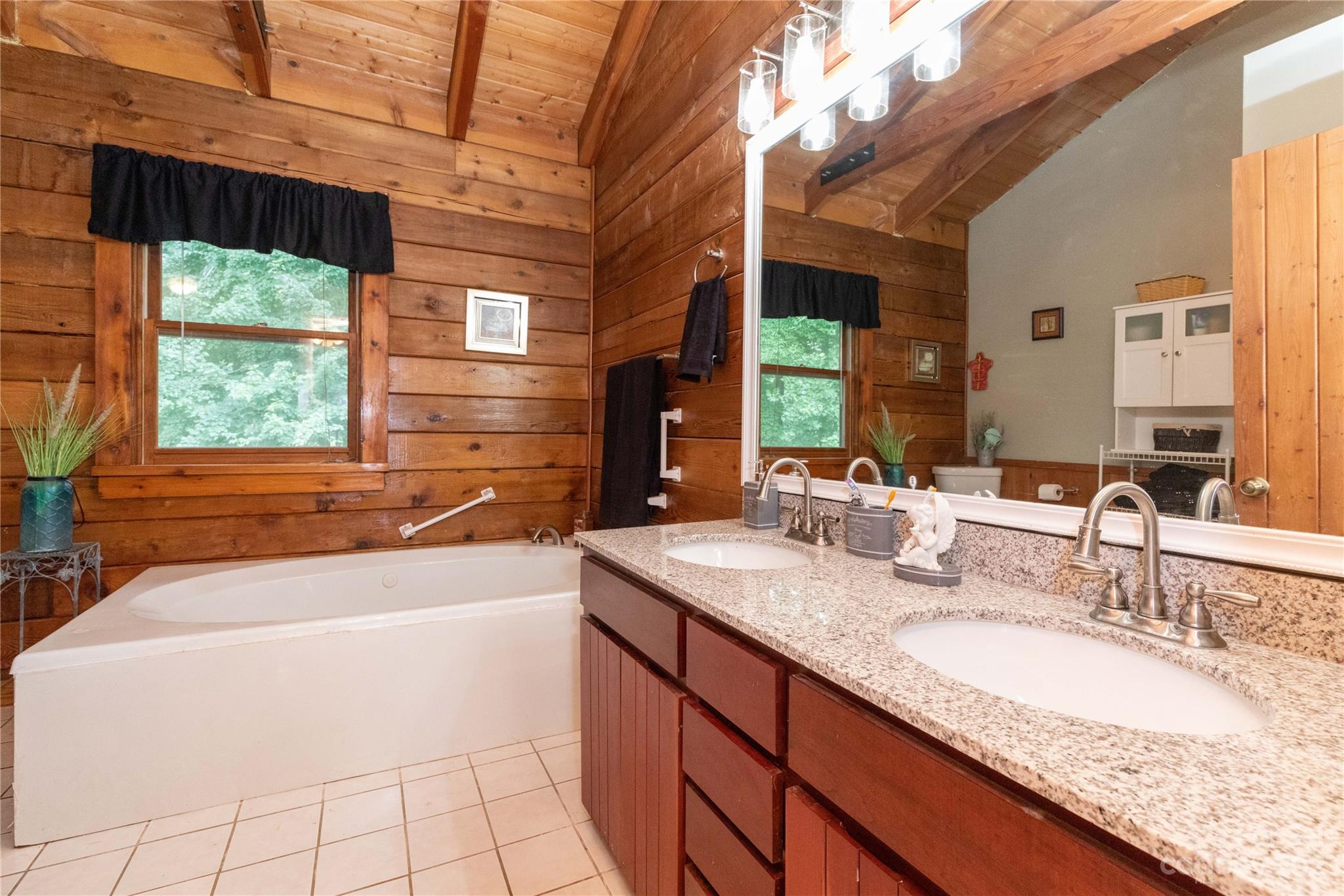 752 Upper Glady Fork Road Candler, NC 28715 - Photo 23 of 38 a bathroom with a granite countertop sink and a large mirror