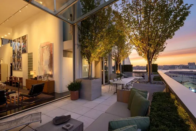 a view of a patio with couches chairs and a barbeque