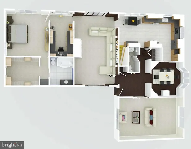 a living room with furniture and a table