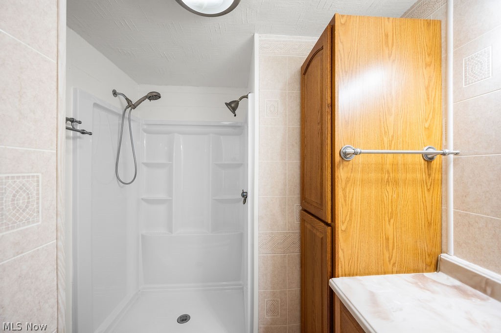 58 Rock Ridge Road Mineral Wells, WV 26150 - Photo 15 of 38 White shower enclosure with dual showerheads, built-in shelving, wood-finish cabinetry, and a light-toned countertop