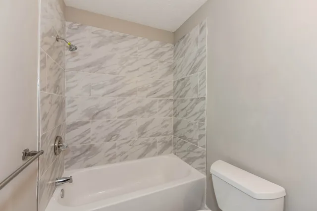 a bathroom with a toilet and bathtub