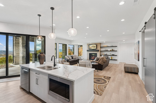 2280 East Outlaw Road, Unit 56 Kamas, UT 84036 - Photo 32 of 59 Kitchen featuring a barn door, white cabinets, stainless steel appliances, a glass covered fireplace, and light stone counters