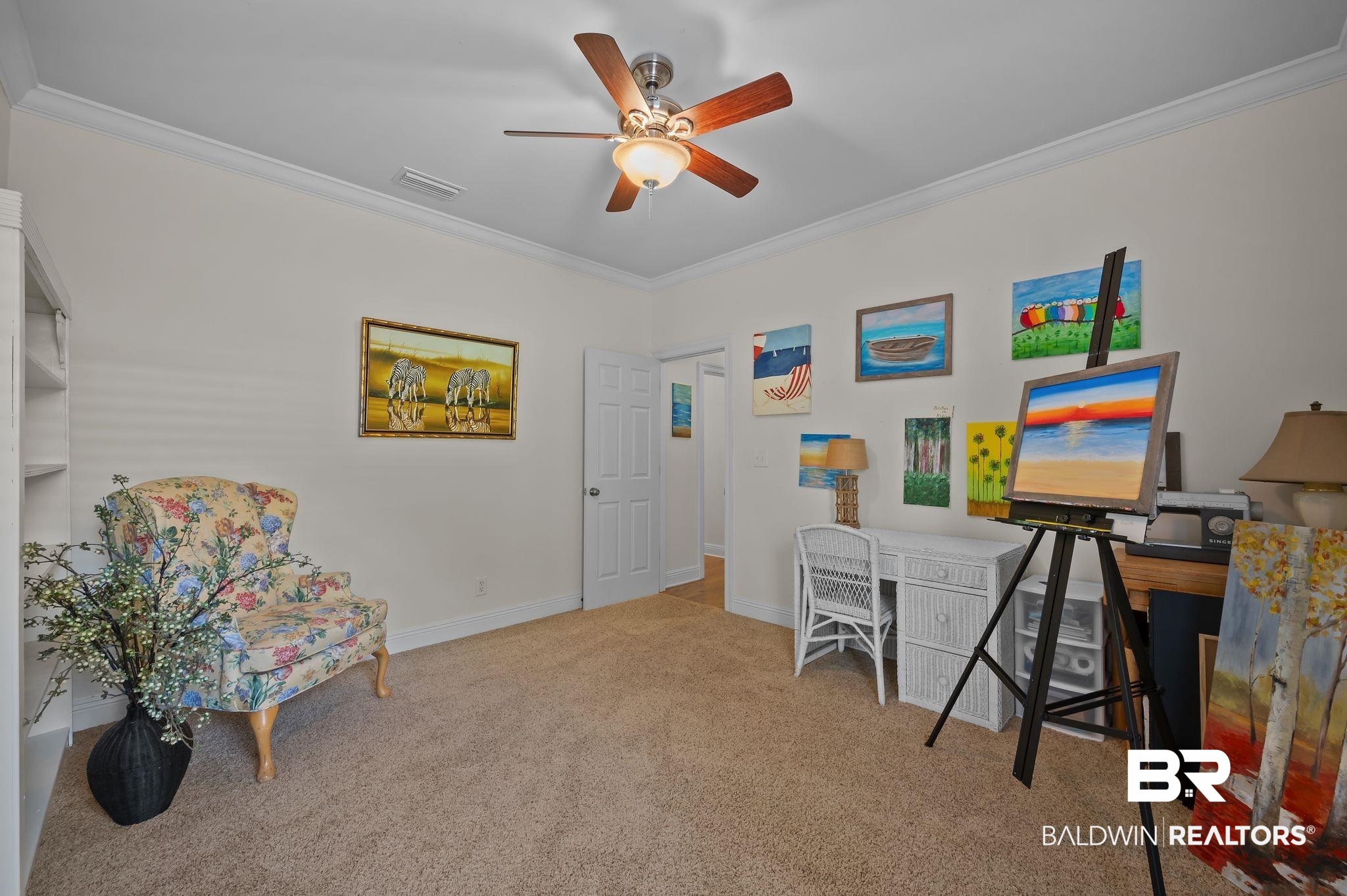 30151 Dolive Ridge Daphne, AL 36527 - Photo 19 of 37 Carpeted office space featuring baseboards, visible vents, ornamental molding, and a ceiling fan