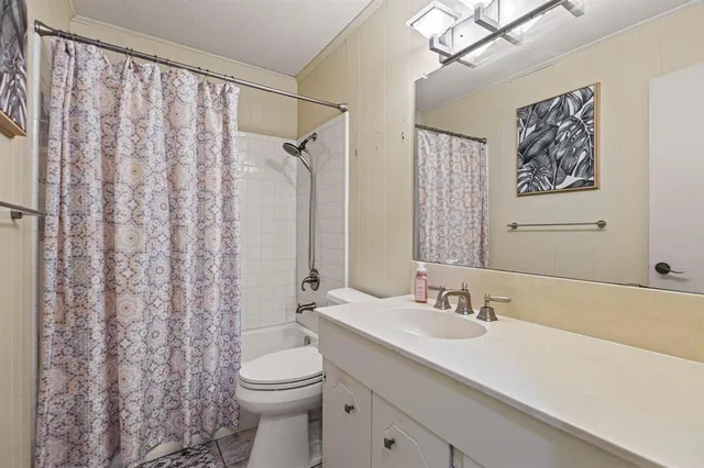 a bathroom with a sink a toilet and shower curtain