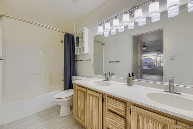 a bathroom with a sink a toilet and a large mirror