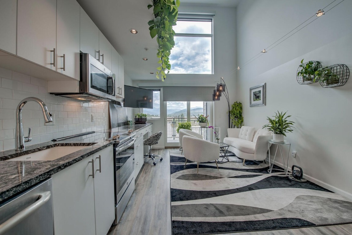 100 Basecamp Way, Unit 217 Frisco, CO 80443 - Photo 3 of 39 a living room with granite countertop kitchen island stainless steel appliances a sink a window and cabinets