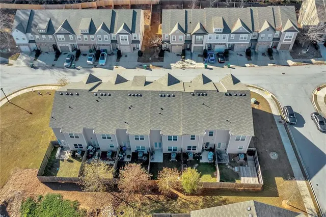 an aerial view of a swimming pool