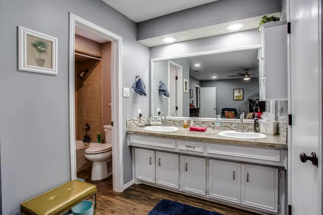 a bathroom with a toilet sink and mirror