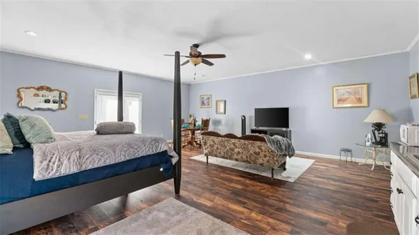 an aerial view of a house with outdoor space and street view