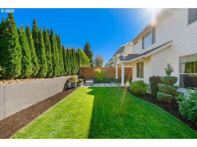 a view of a yard with plants and a fountain