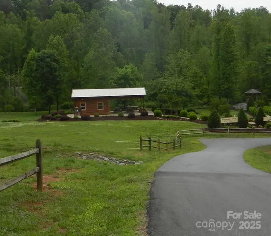 a view of a park with large trees