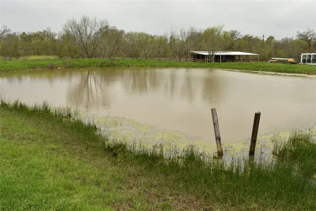a view of a lake with a yard and trees