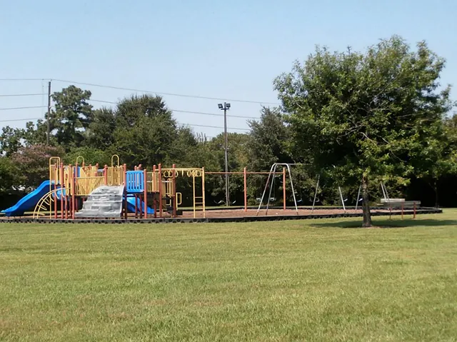 a swimming pool with lots of trees in the background