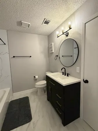 a bathroom with a toilet a sink and mirror