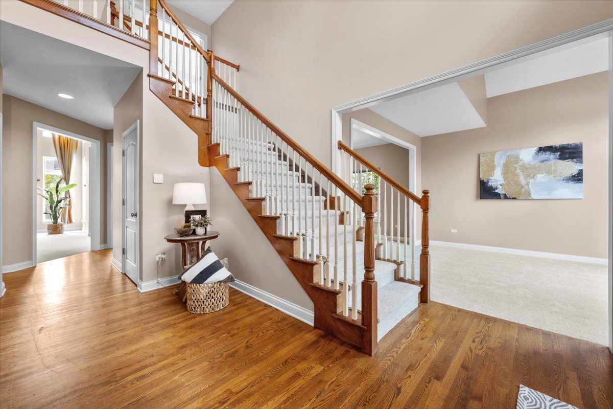 1112 Stonehaven Circle Aurora, IL 60504 - Photo 3 of 28 a view of staircase with wooden floor and a rug