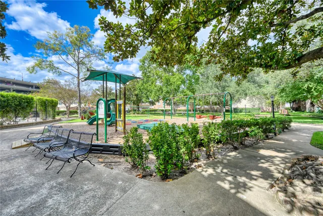 a garden view with a seating space