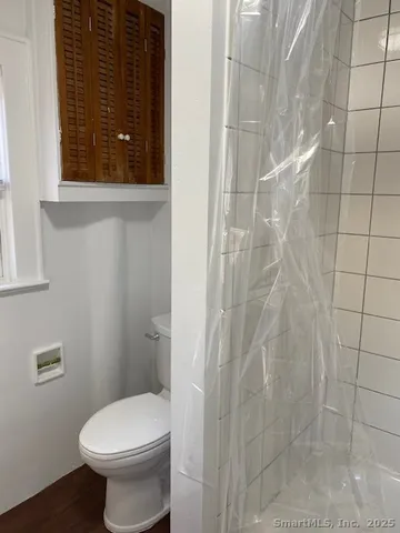 a bathroom with a toilet and a shower