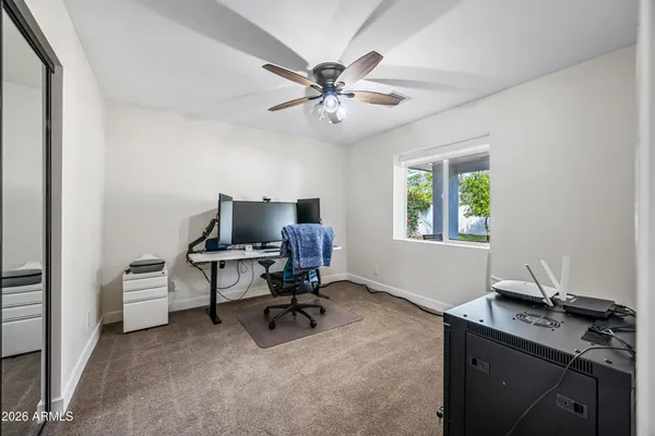 a view of a dining room with furniture