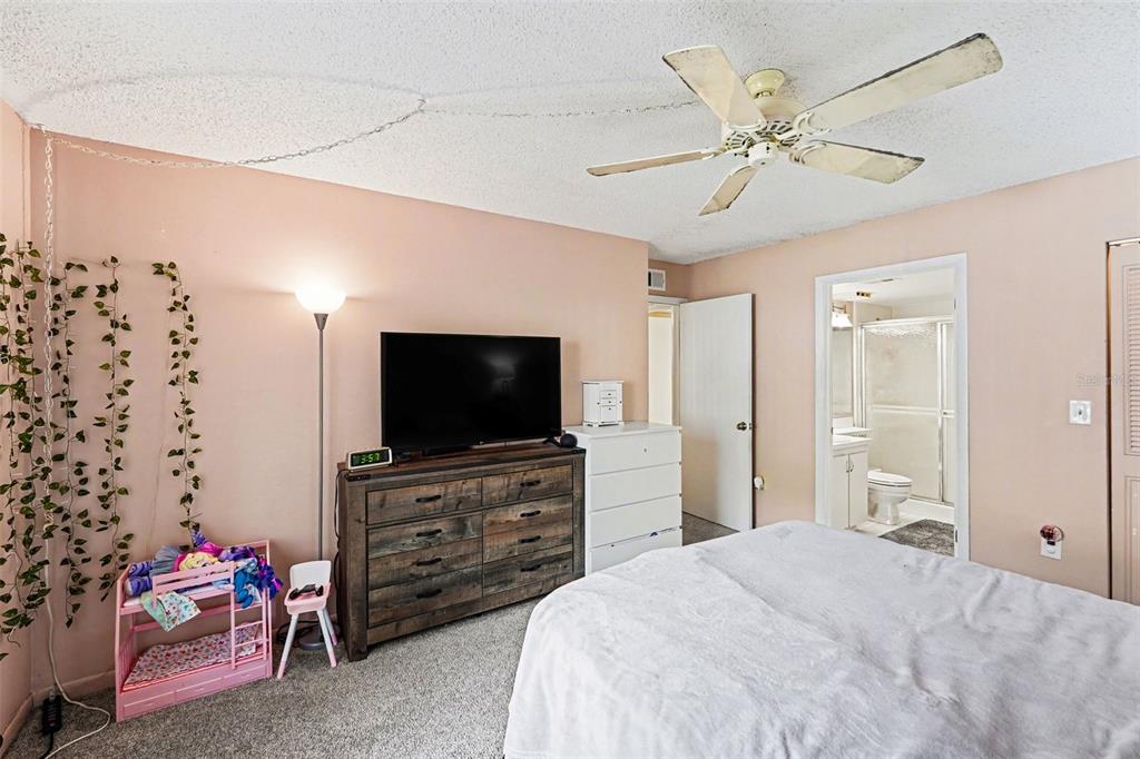1261 Pine Ridge Circle West, Unit D1 Tarpon Springs, FL 34688 - Photo 10 of 14 a bedroom with a bed and a flat screen tv