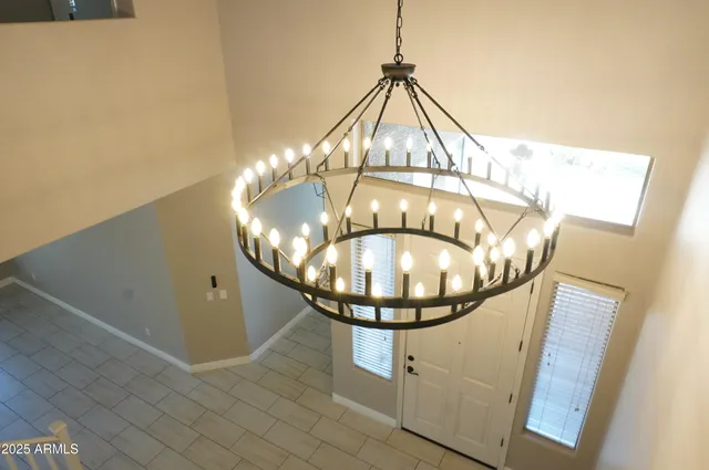 a view of a chandelier in a room