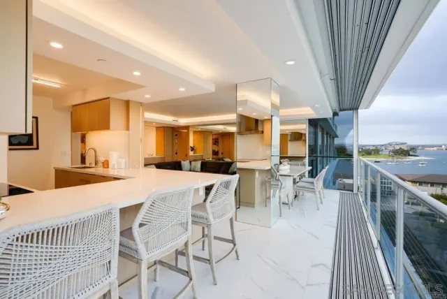 a view of a dining room with furniture