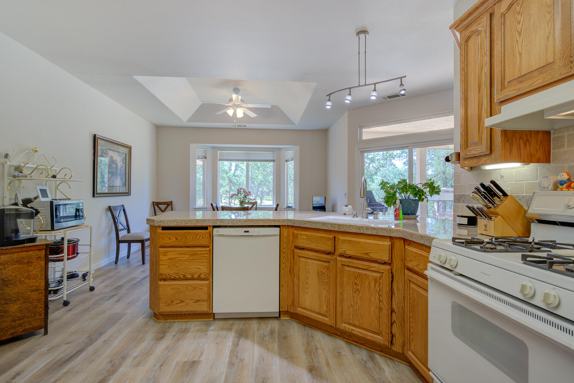13223 Padani Drive Redding, CA 96003 - Photo 12 of 48 a kitchen with stainless steel appliances granite countertop a stove a sink dishwasher and white cabinets with wooden floor