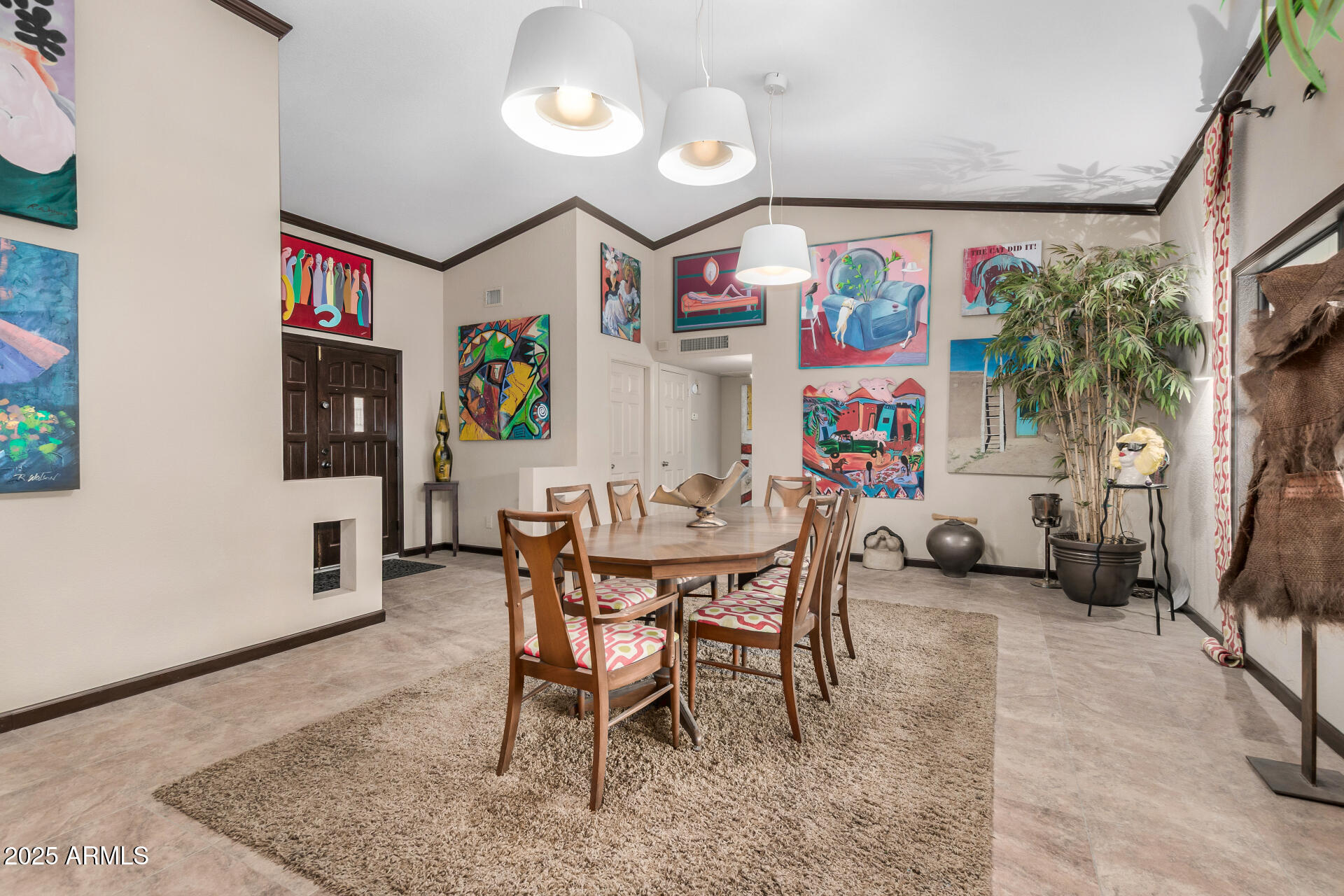 a view of a dining room with furniture