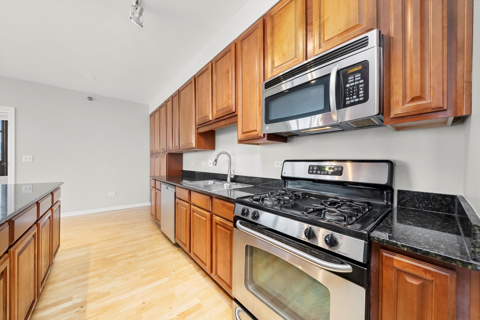1255 South State Street, Unit 1702 Chicago, IL 60605 - Photo 4 of 36 a kitchen with stainless steel appliances granite countertop a stove and a microwave
