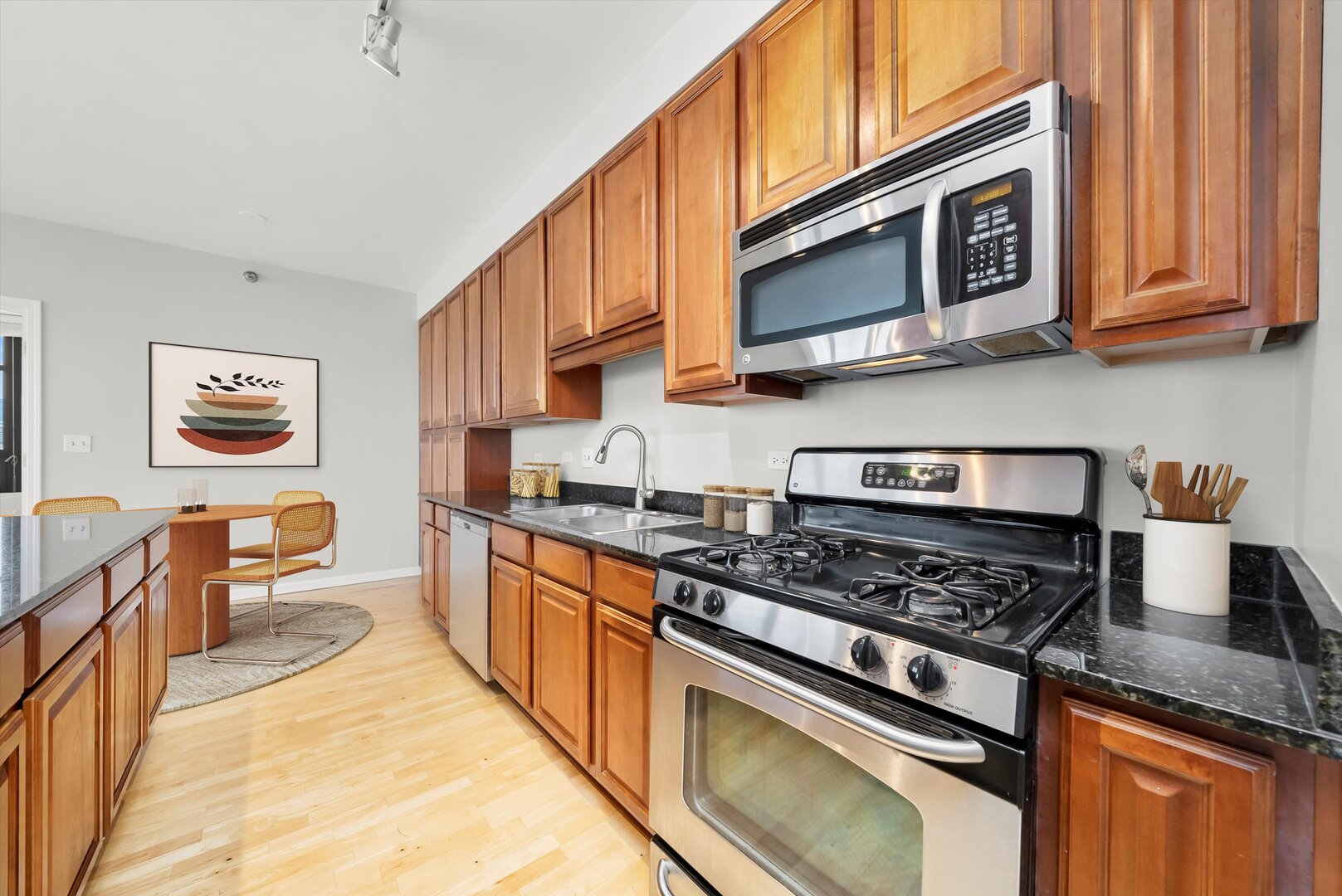 1255 South State Street, Unit 1702 Chicago, IL 60605 - Photo 5 of 36 a kitchen with stainless steel appliances granite countertop a stove and a microwave