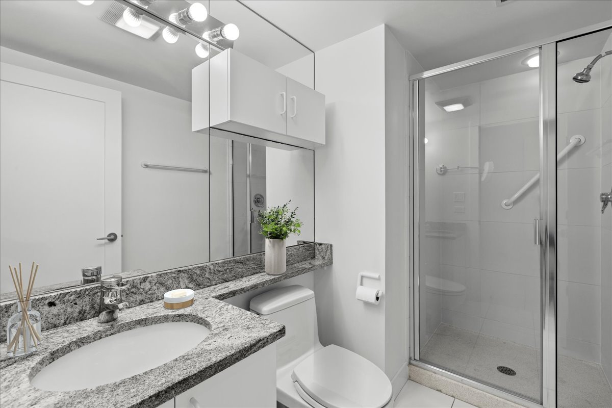 1261 West Flournoy Street Chicago, IL 60607 - Photo 35 of 43 a bathroom with a granite countertop sink toilet and shower