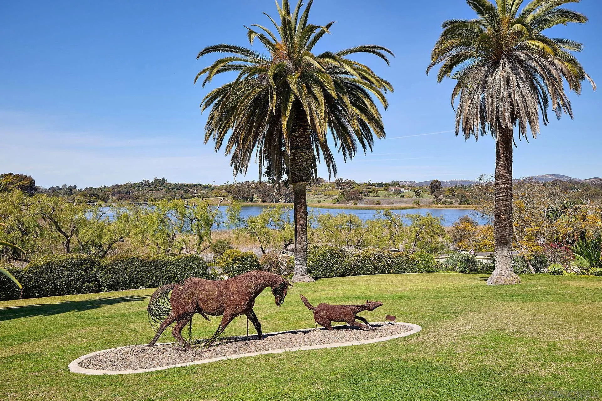 6525 Lago Lindo Rancho Santa Fe, CA 92067 - Photo 32 of 47 On the front lawn a barbed wire sculpture, titled “Mare and Foal”, by P. J. Mene serves as a nod to the equestrian history of Rancho Santa, with beautiful lake views.