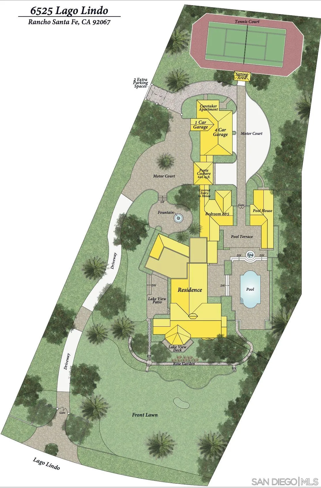 6525 Lago Lindo Rancho Santa Fe, CA 92067 - Photo 45 of 47 Floor Plan of the House, Garage, Tennis Court and grounds.