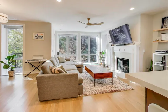 a living room with furniture and a fireplace