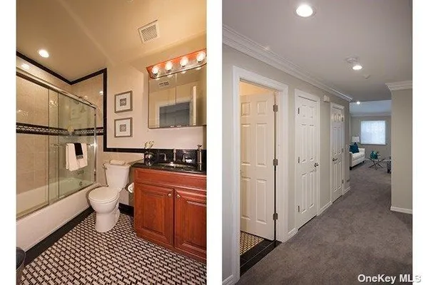 a bathroom with a sink a toilet a mirror and shower