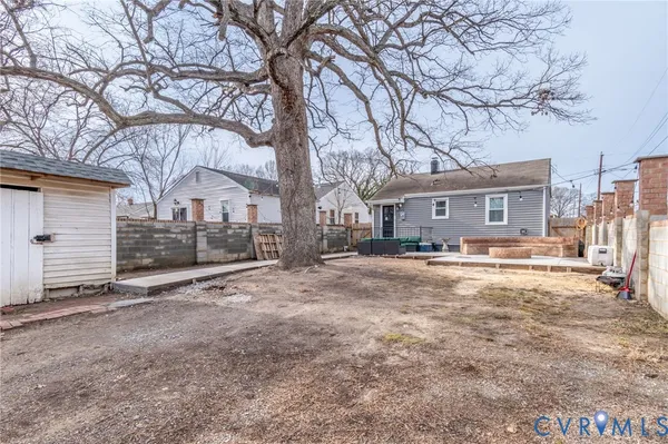 a view of a yard with a large tree