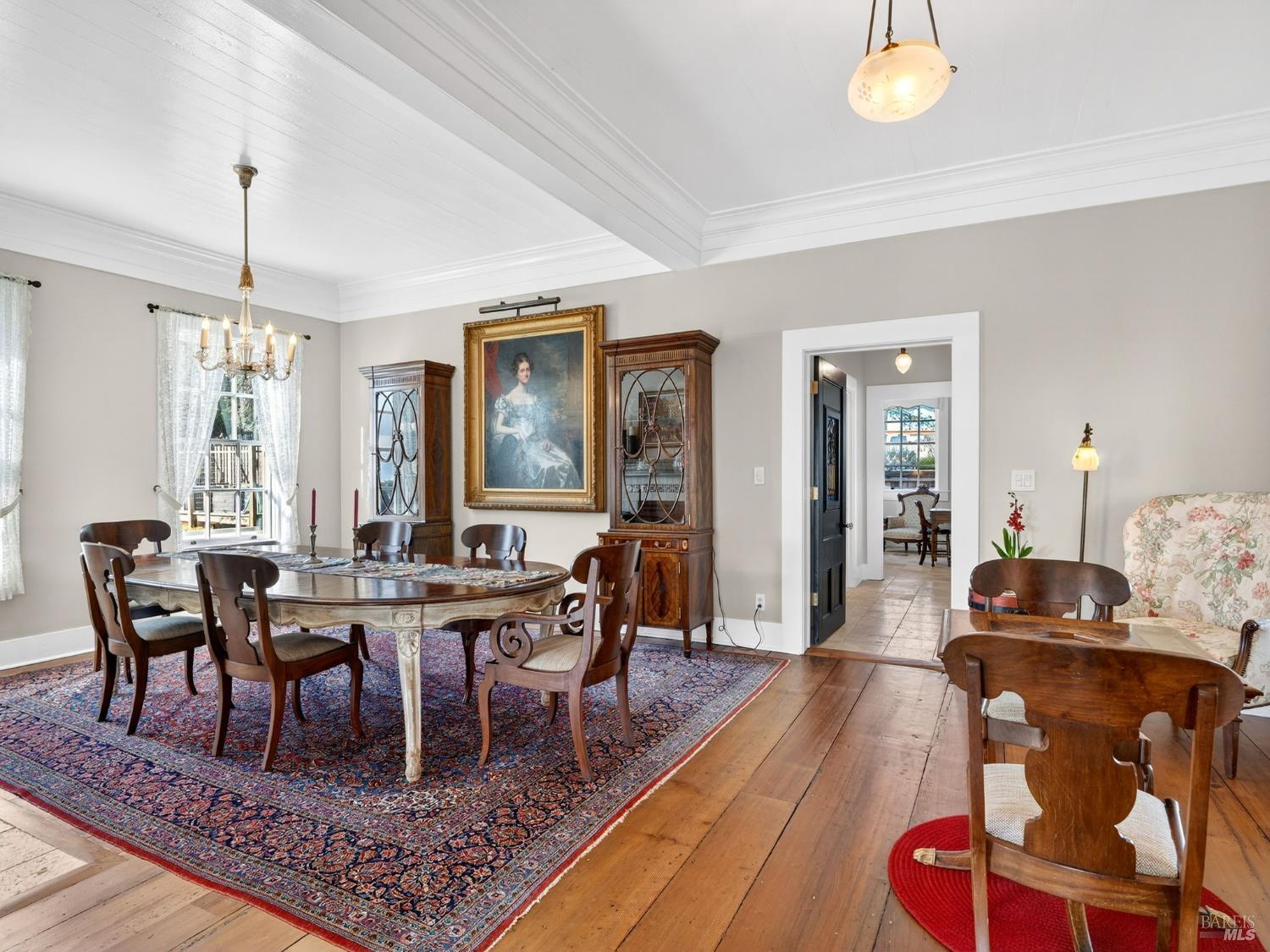 44900 Little Lake Road Mendocino, CA 95460 - Photo 16 of 54 The formal dining room showcases the original full dimension plank floors