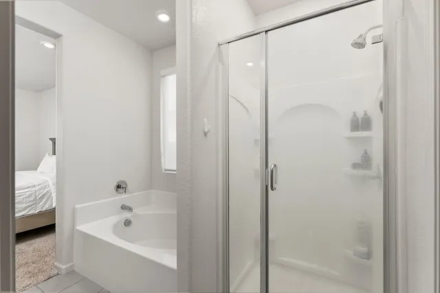 a bathroom with a tub a shower and vanity