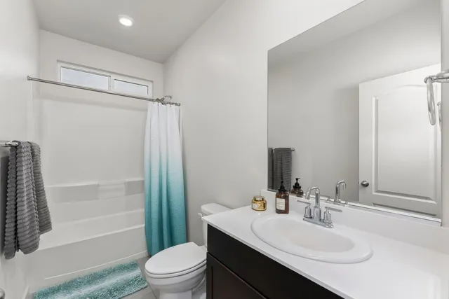 a bathroom with a sink a toilet a mirror and shower