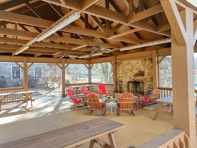 a view of a garage with a table and chairs