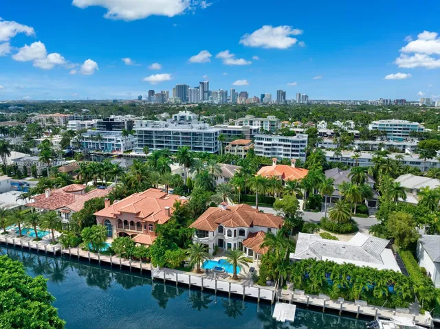 an aerial view of residential houses with outdoor space and lake view